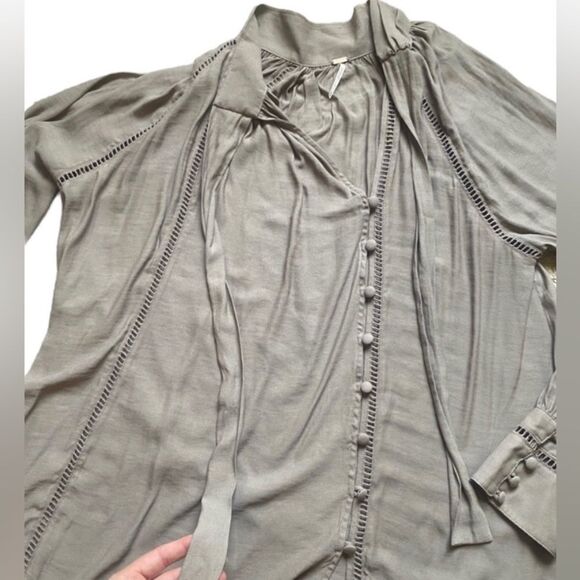 Free People Light Taupe Button Front Tie Neck Blouse - Picture 7 of 11